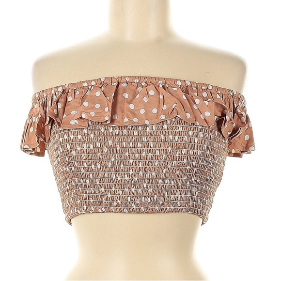 Koy Resort Tan/White Girly Hipster Polkadot Crop Top with Ruffle Detail Sz M - Picture 1 of 4